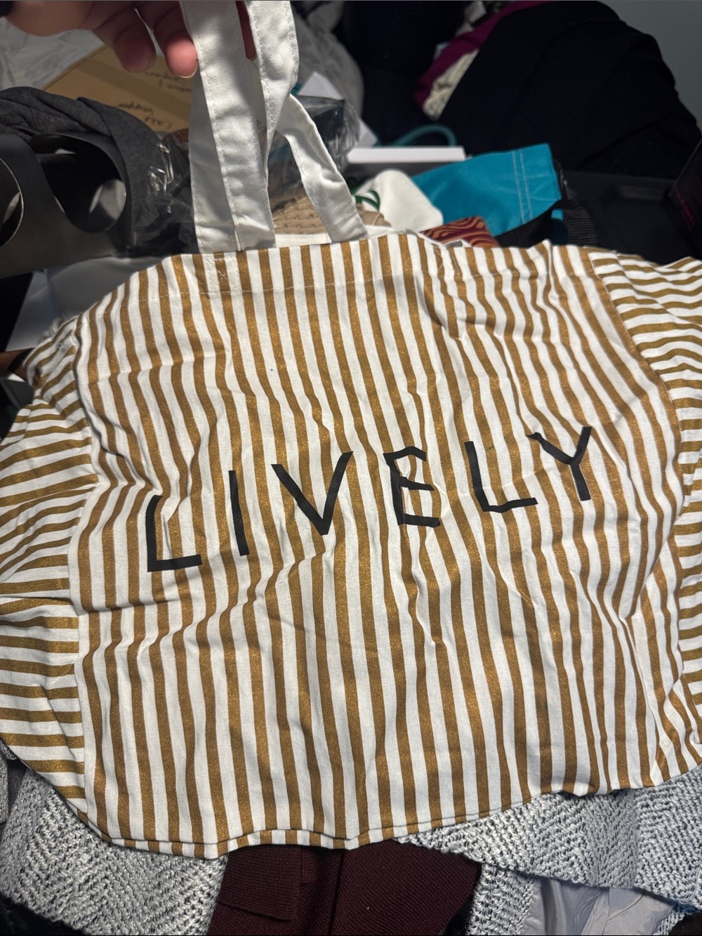 Lively Striped Canvas Tote in Mustard and White with Black Logo